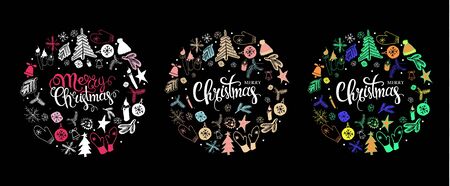 Set Christmas greeting cards with text wish you a Merry Christmas and wreath with many winter doodles. Santa, toys, cookies, snowmen, fir, candies, socks, gifts, bows, snowflakes, hollies mittensのイラスト素材