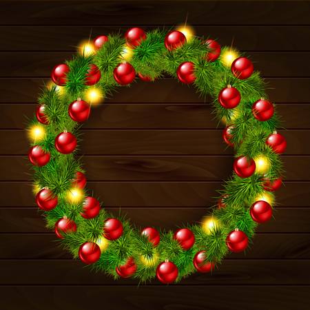 Christmas wreath, isolated on wooden background. Vector illustrationのイラスト素材