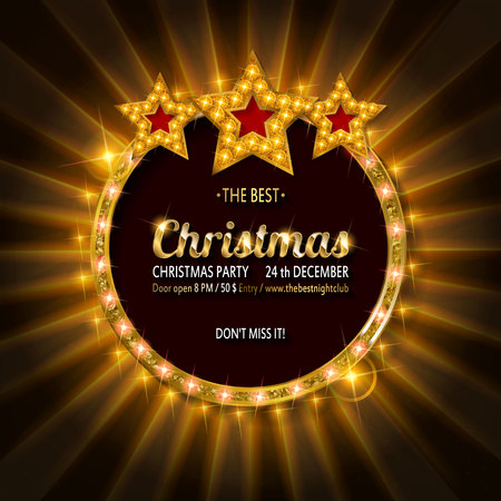 Invitation for Christmas party poster banner and card design template. With three golden stars in  retro cinematic styleのイラスト素材