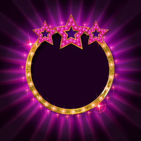 Cinema golden round frame with shining light bulbs with three stars on dark curtains background vector illustrationのイラスト素材