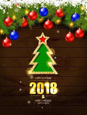 Retro Merry Christmas and happy new year Poster Template with Shining Gold Snowflakes and balls on wooden background. Vector illustration. Snowflake frame and sparkles. Gold christmas balls.のイラスト素材