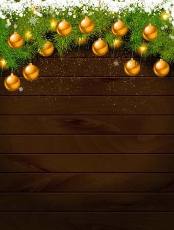 Christmas decoration on wooden background. Decorations over wood.のイラスト素材