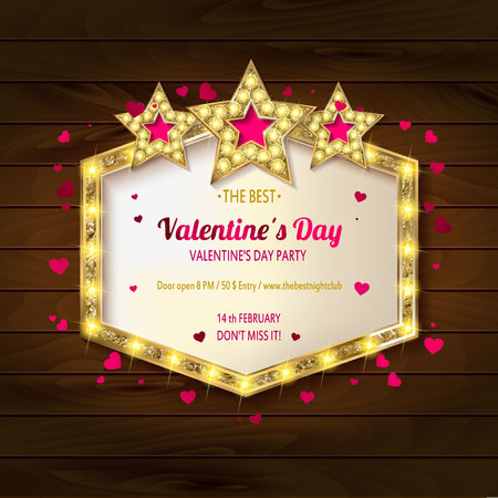 Valentine's day party. Retro light banner.Valentine's card. Vector illustration. Vintage banner on wooden background.のイラスト素材