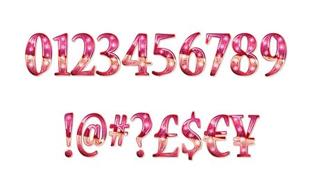 Gold glittering metal alphabet numbers, currency signs.のイラスト素材