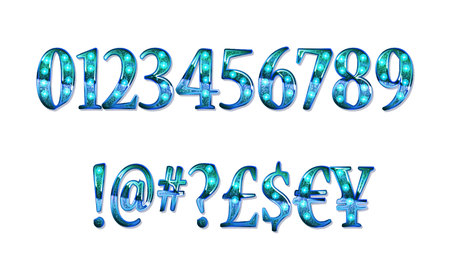 Gold glittering metal alphabet numbers, currency signs.のイラスト素材