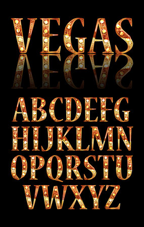 Realistic vector lamps alphabet, font set, retro style, gold colors.のイラスト素材