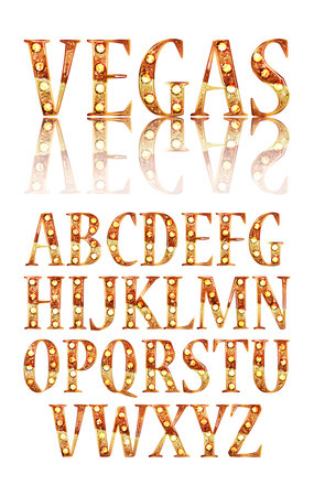 Realistic vector lamps alphabet, font set, retro style, gold colors.のイラスト素材