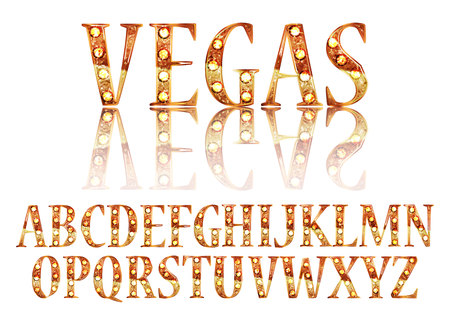 Realistic vector lamps alphabet, font set, retro style, gold colors.のイラスト素材