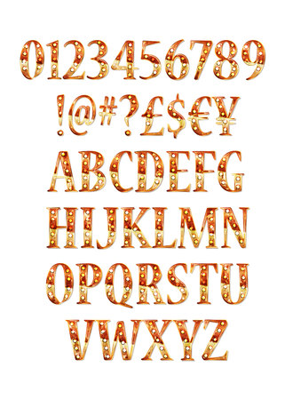 Font lamp symbol, gold letter and numbers set. On white background. Vector illustrationのイラスト素材