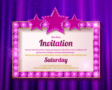 Cinema golden rectangular frame with shining light bulbs on pink curtains background. vector illustrationのイラスト素材