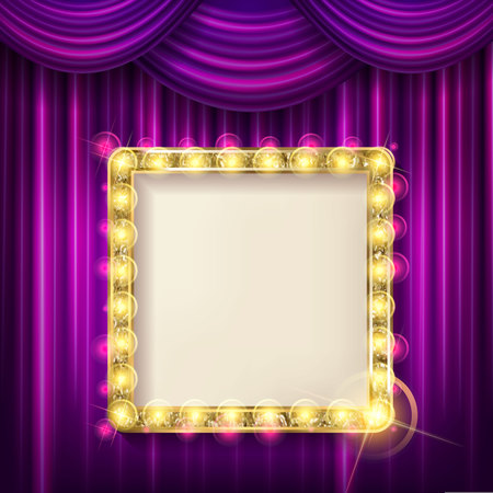 Suspended gold frame on the violet curtain background. Square presentation artistic poster and placard. Vector illustrationのイラスト素材