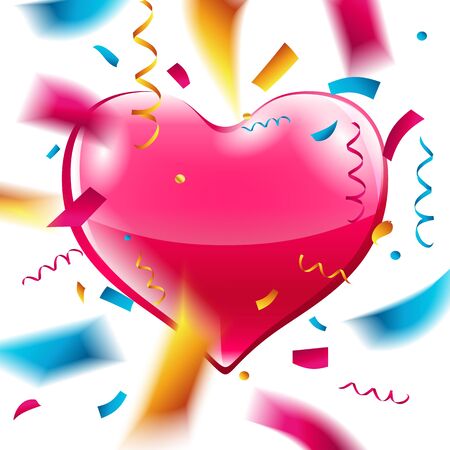 Pink heart on white background with clouds and golden serpentine ribbons and dust, vector illustration.のイラスト素材