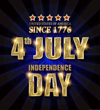 4th of July independence Day United States of America. Gold letters on a background of a blue curtain. Vector illustration.のイラスト素材