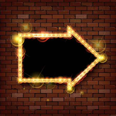 Red frame arrow with light bulbs on the background of the brick wall. Vector illustrationのイラスト素材