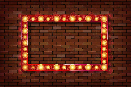 3D render Marquee light rectangle board sign on brick wall backgroud. Vector illustrationのイラスト素材
