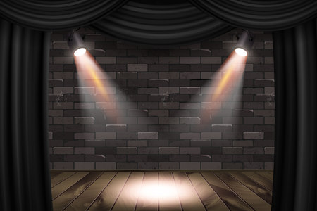 Wooden stage with black curtains and a black brick wall with spotlights, mock up, 3d renderのイラスト素材