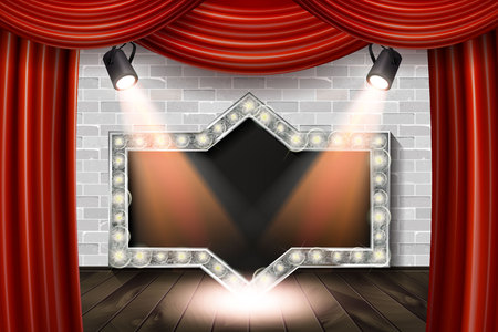 Wooden stage with red curtain and white brick wall and silver vintage frame. Illuminated by searchlights. Vector illustrationのイラスト素材