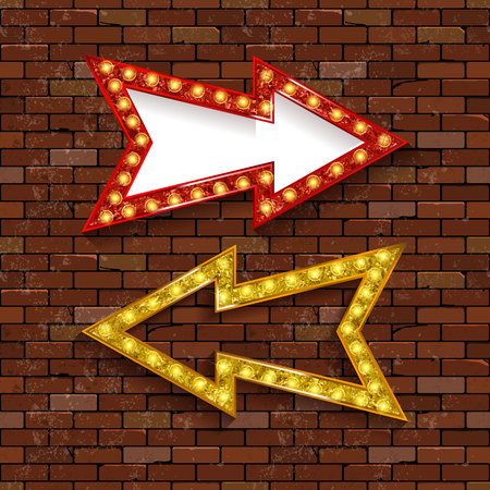 Light billboard with arrow. Against a brick wall. Light Bulbs Vintage Style. Vector illustration.のイラスト素材