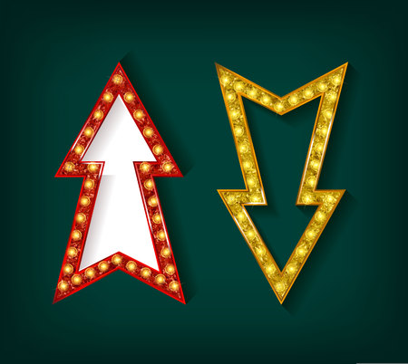 Neon glowing arrow pointer set on dark background. Colorful and shining retro light sign collection. Vector design elements.のイラスト素材