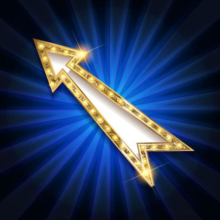 Realistic 3d arrow with electric bulbs. Retro light sign. Vector illustration.のイラスト素材
