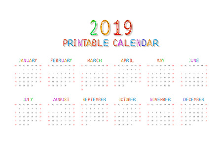 Calendar 2019 with happy children. Horizontal on white background. Vector illustration