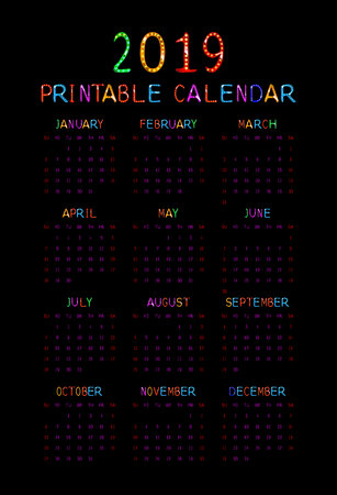 Calendar 2019 with happy children. Vertical on black background. Vector illustrationのイラスト素材