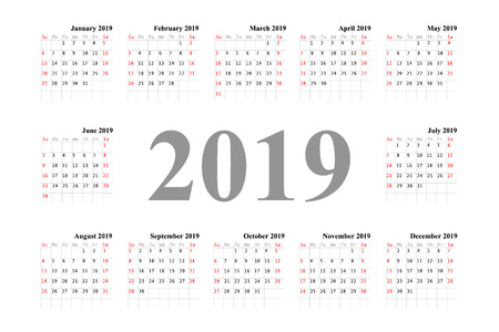 Calendar template design 2019. Week Starts on Sunday. Vector illustrationのイラスト素材