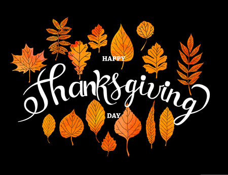 Happy Thanksgiving Day poster. Abstract orange watercolor background with Modern brush calligraphy lettering quote. Vector illustrationのイラスト素材