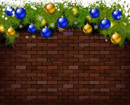 Christmas background. Christmas balls and fir branches on the background of a brick wall. The concept of new year s winter holidays. Vector illustrationのイラスト素材