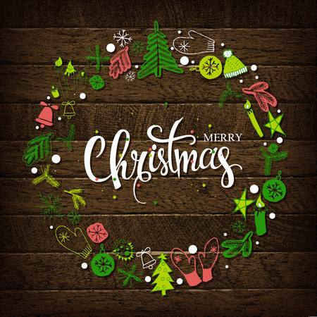 Merry Christmas. Christmas calligraphy with hand drawn decorative wreath in vintage style with wooden background. Vector illustrationのイラスト素材