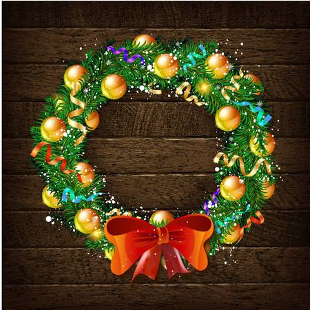 Christmas wreath template 2019 with light garland and red bow on wooden background isolated vector illustrationのイラスト素材