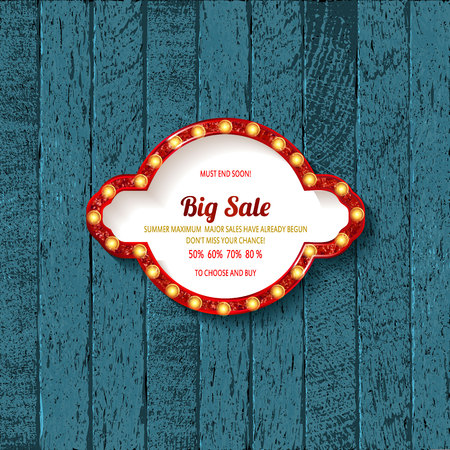 Retro cinema bulb sign shape - vintage old theater casino or circus illuminated light frame banner. On wooden background. Vector illustrationのイラスト素材