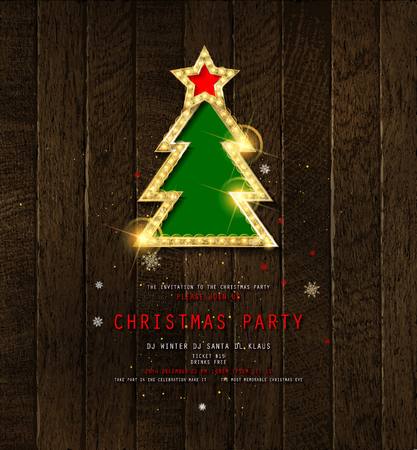 Invitation to Christmas party on wooden background with Golden Christmas tree. Vector illustrationのイラスト素材