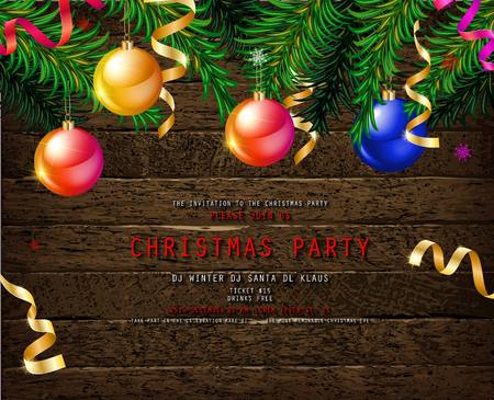 Invitation to Christmas party on wooden background with tinsel and balls. Vector illustrationのイラスト素材