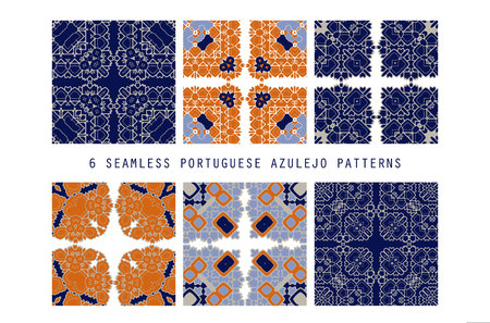 Traditional ornate portuguese decorative color tiles azulejos. Abstract background. Vector hand drawn illustration, typical portuguese tiles, Ceramic tiles. Seamless pattern.のイラスト素材
