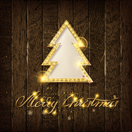 Golden Christmas tree on vintage wooden background. Golden inscription merry Christmas. Vector illustrationのイラスト素材