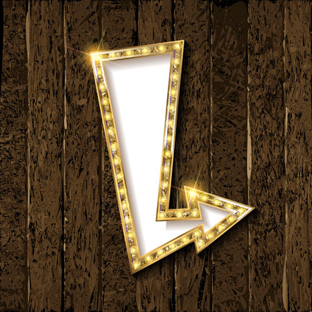 Gold Retro arrow with lights. Volumetric 3D character with an empty white background for your text message advertising. Sign isolated on wooden background. Vector illustrationのイラスト素材