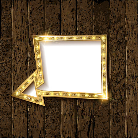 Gold Retro arrow with lights. Volumetric 3D character with an empty white background for your text message advertising. Sign isolated on wooden background. Vector illustrationのイラスト素材