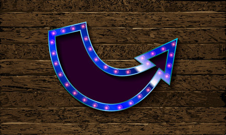 Gold Retro arrow with lights. Volumetric 3D character with an empty dark background for your text message advertising. Sign isolated on wooden background. Vector illustrationのイラスト素材