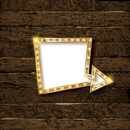 Gold Retro arrow with lights. Volumetric 3D character with an empty white background for your text message advertising. Sign isolated on wooden background. Vector illustrationのイラスト素材