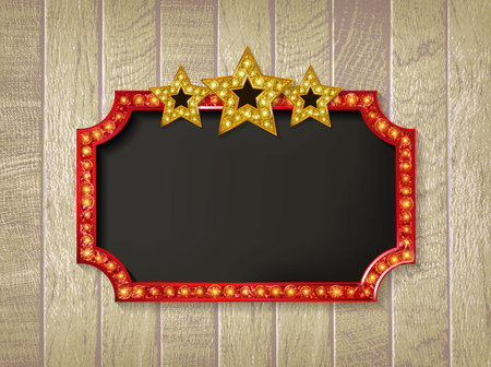 Theater sign or cinema on wooden background. Gold retro signboard. With three Golden glowing stars. Vector illustrationのイラスト素材