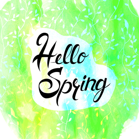 Hello Spring lettering on brush hand drawn. Beautiful watercolor background with leaves and birds.のイラスト素材