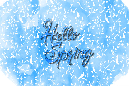 Hello Spring lettering with green and blue leaves painted with watercolor.のイラスト素材