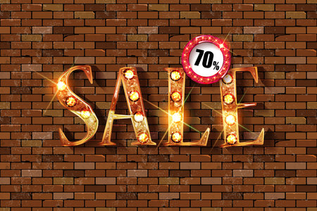 Sale, golden text. Sale vector lettering of gold against a brick wall. Vector illustrationのイラスト素材