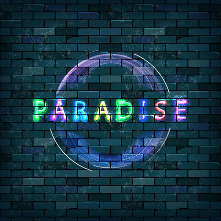 Paradise vector neon sign in the circle on the dark brick walのイラスト素材