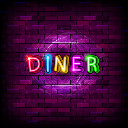Diner neon sign on the brick wall. Vector Illustrationのイラスト素材