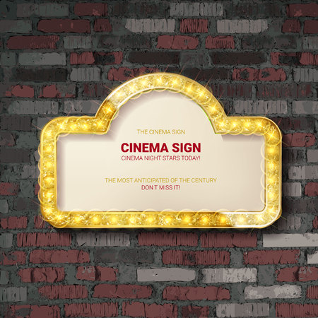 Marquee light gold board sign on brick background. Vector illustrationのイラスト素材