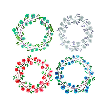 Set of watercolor wreaths and laurels. Hand painted branches,leaves,petal decor elements,texture.For design template,invitation. Nature,organic,bio items.Watercolor Hand sketched Vectorのイラスト素材