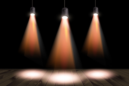 Spotlights and a wooden stage with a black background. Vector illustrationのイラスト素材