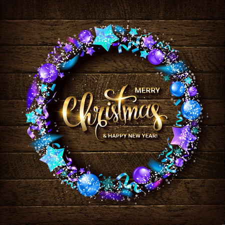 Merry Christmas gold text for card for your design. Golden lettering in a Christmas wreath on the background of an old wooden wall.のイラスト素材